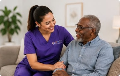Armony caregiver sitting and talking with a senior gentleman