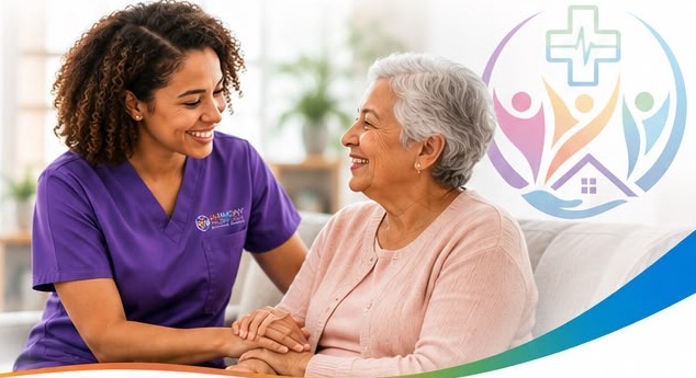 Armony caregiver smiling with a senior client at home