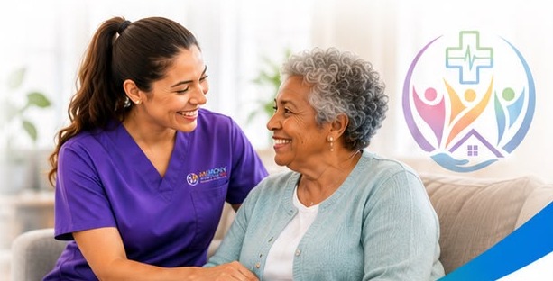 Armony caregiver laughing with a senior client on the sofa