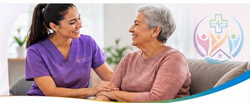 Armony caregiver smiling with a senior client at home