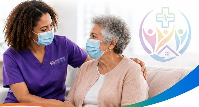 Masked Armony caregiver sitting with a masked senior client at home