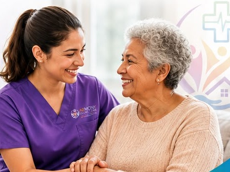 Caregiver in purple scrubs sharing a joyful moment with a smiling senior woman