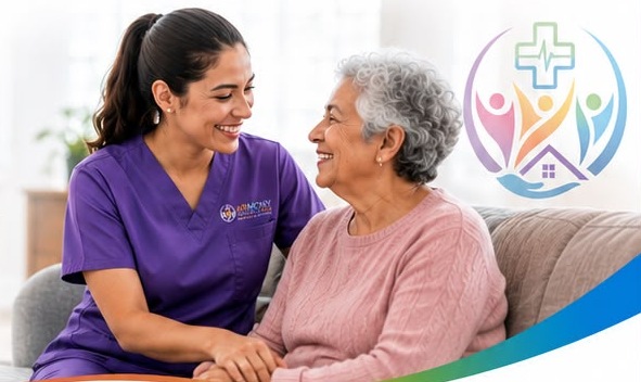 Armony caregiver laughing with a senior client on the sofa